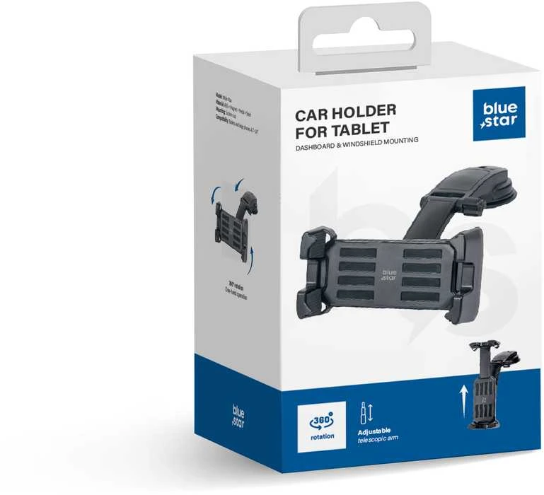 BlueStar „Blue Star Mėlynas STAR Max Wide“ automobilio laikiklis su užrakto sistema, skirtas 4,7–14 colių planšetiniam kompiuteriui, tvirtinamas prie priekinio stiklo, juodas