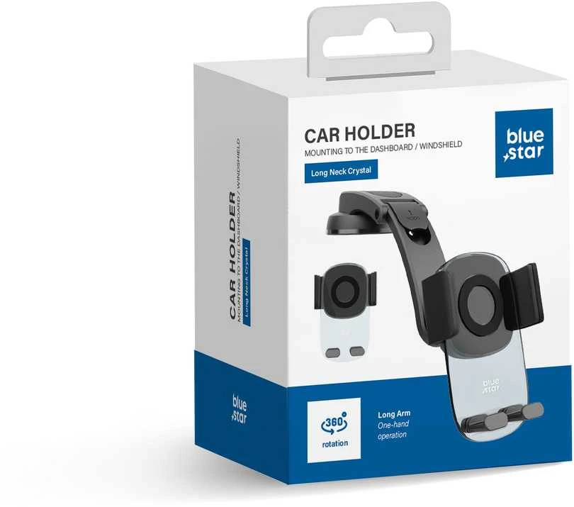 BlueStar „Blue Star“ automobilinis mobiliojo telefono laikiklis su tvirtinimu prie priekinio stiklo ir prietaisų skydelio Mėlynas STAR Long Neck Crystal juodas