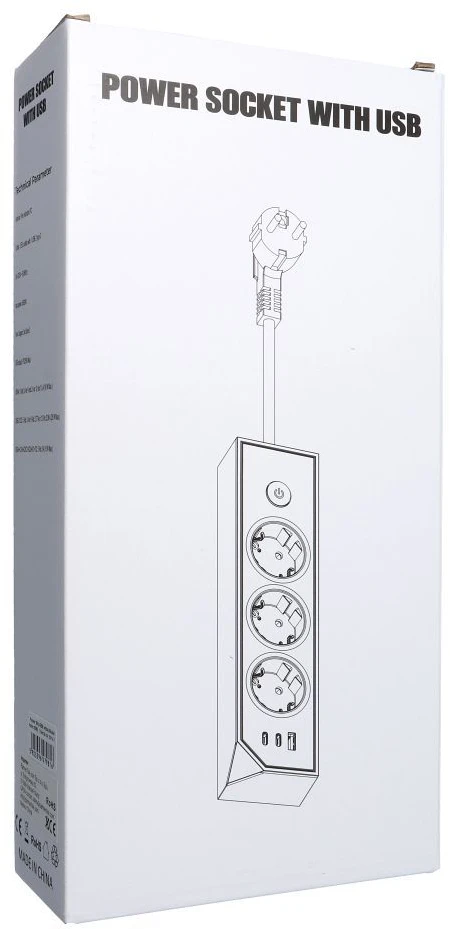 Oem rozetė su 3 lizdais, maks. 3680W, 1xUSB A, 2x type C 25W jungtys su 1,5 m maitinimo laidu E59 balta