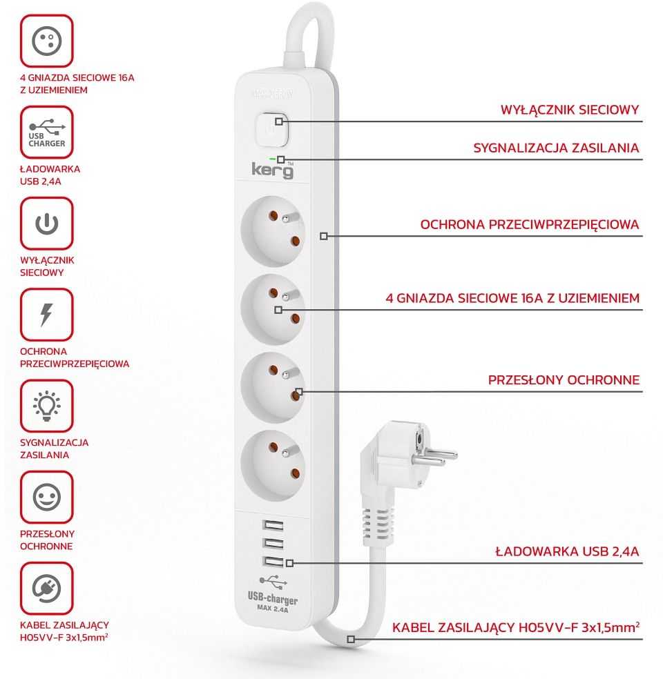 Oem Maitinimo juostelė 4 lizdai + 3 x USB A 3×1,5 mm² H05VV-F 16A/250V~M02414 3 m baltas