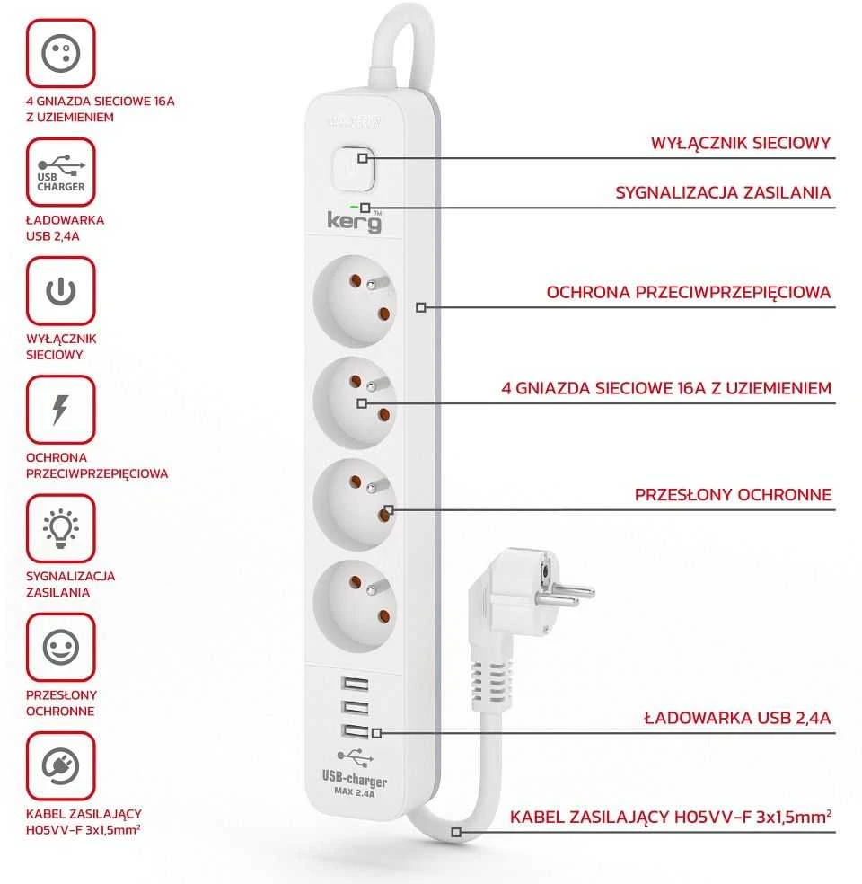 Kerg KERG su komutatoriumi -3USB-baltas-pilka-5m-16A-H05VV-F-3x1.5mm2