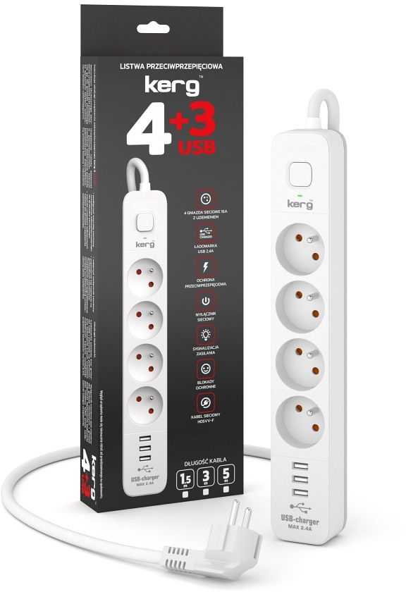 Oem Maitinimo juostelė 4 lizdai + 3 x USB A 3×1,5 mm² H05VV-F 16A/250V~M02414 3 m baltas