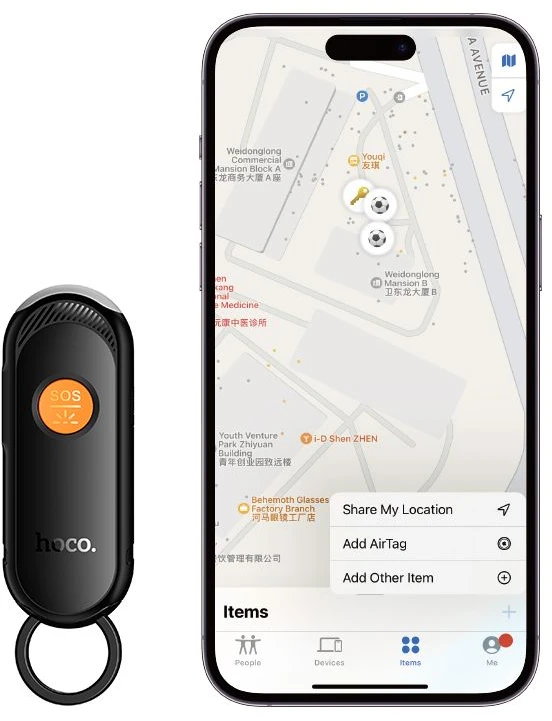 Suderinamas su „Apple Find My“ ir „Hoco E99“ žibintuvėliu, juodu.