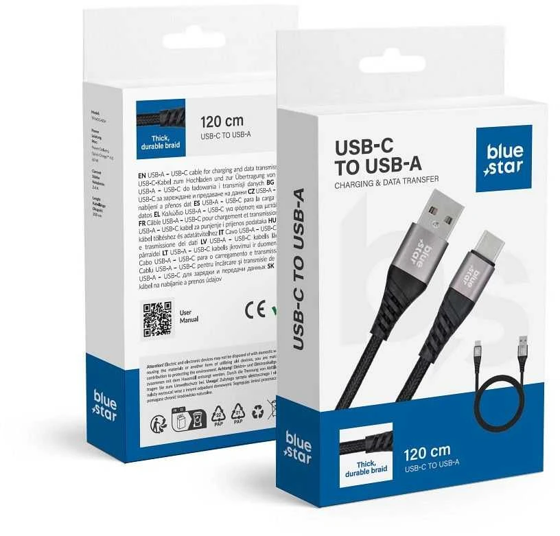 BlueStar USB A į USB C laidas Blue Star 3A 20W PD QC4.0 su pyne 1,2 m TFK-DC-003 juodas