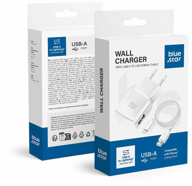 BlueStar Telefono įkroviklis Blue Star USB A 1A 5W + laidas USB A į Lightning TFK-TC-1100B baltas