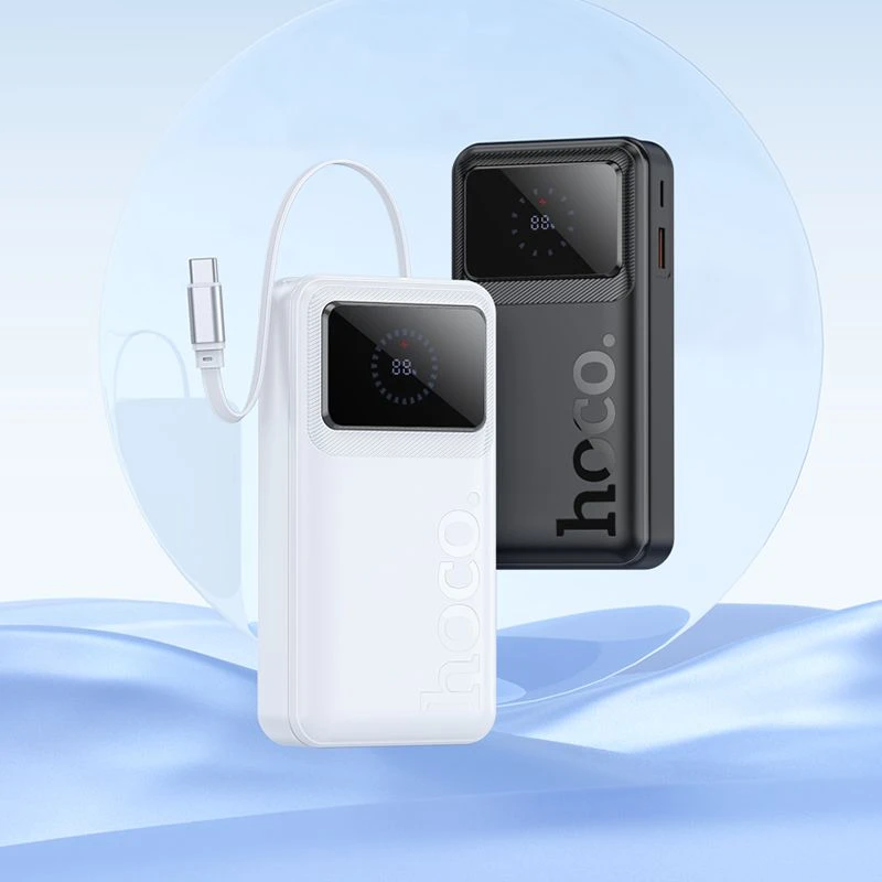 Powerbank 20000 mAh QC PD 22,5W 2A with built-in telescopic cable USB C Hoco Q41 baltas