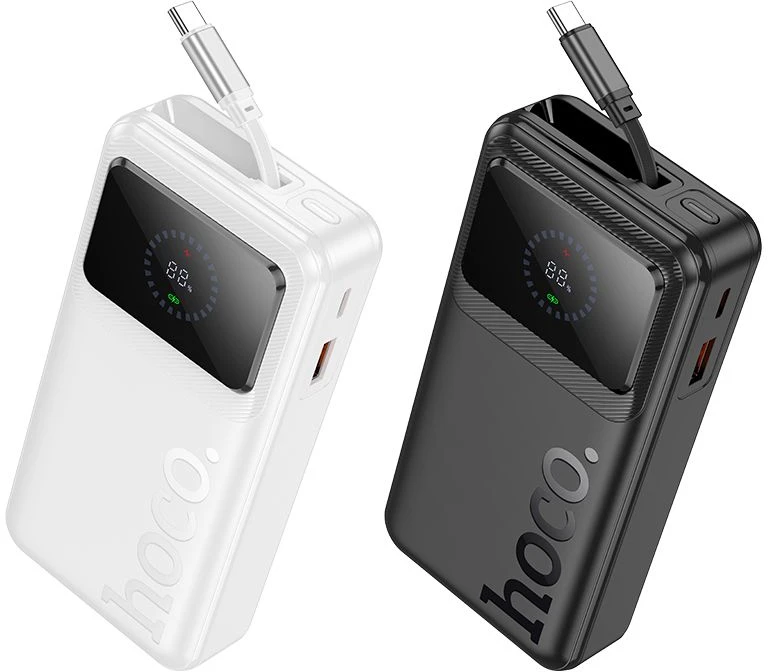Powerbank 20000 mAh QC PD 22,5W 2A with built-in telescopic cable USB C Hoco Q41 baltas