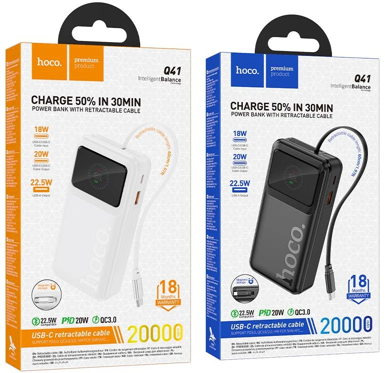Powerbank 20000 mAh QC PD 22,5W 2A with built-in telescopic cable USB C Hoco Q41 baltas