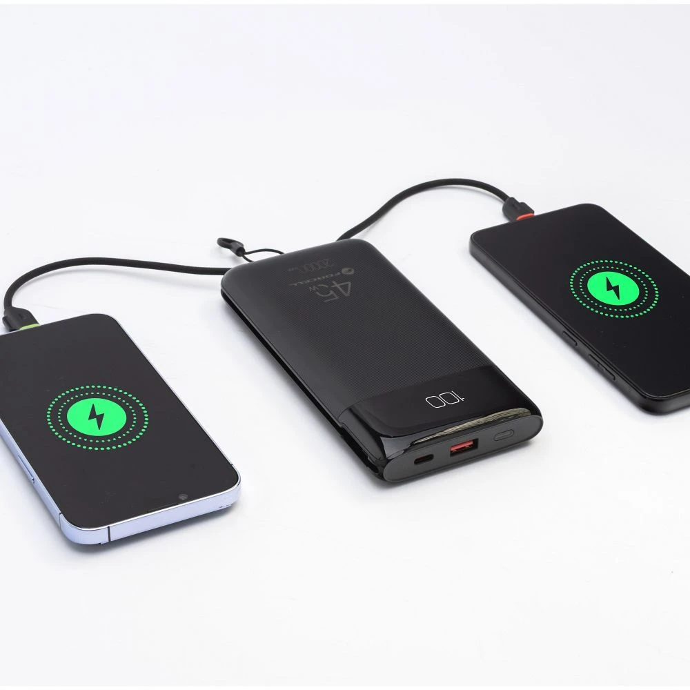 FORCELL F-ENERGY F20K6 Multicharge išorinė baterija su įmontuotais Type C ir Lightning kabeliais PD QC3.0 3A 35W 20000 mAh juoda