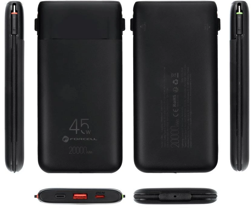 FORCELL F-ENERGY F20K6 Multicharge išorinė baterija su įmontuotais Type C ir Lightning kabeliais PD QC3.0 3A 35W 20000 mAh juoda