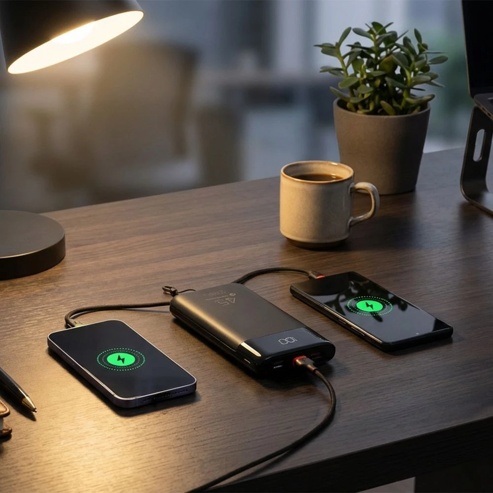 FORCELL F-ENERGY F20K6 Multicharge išorinė baterija su įmontuotais Type C ir Lightning kabeliais PD QC3.0 3A 35W 20000 mAh juoda