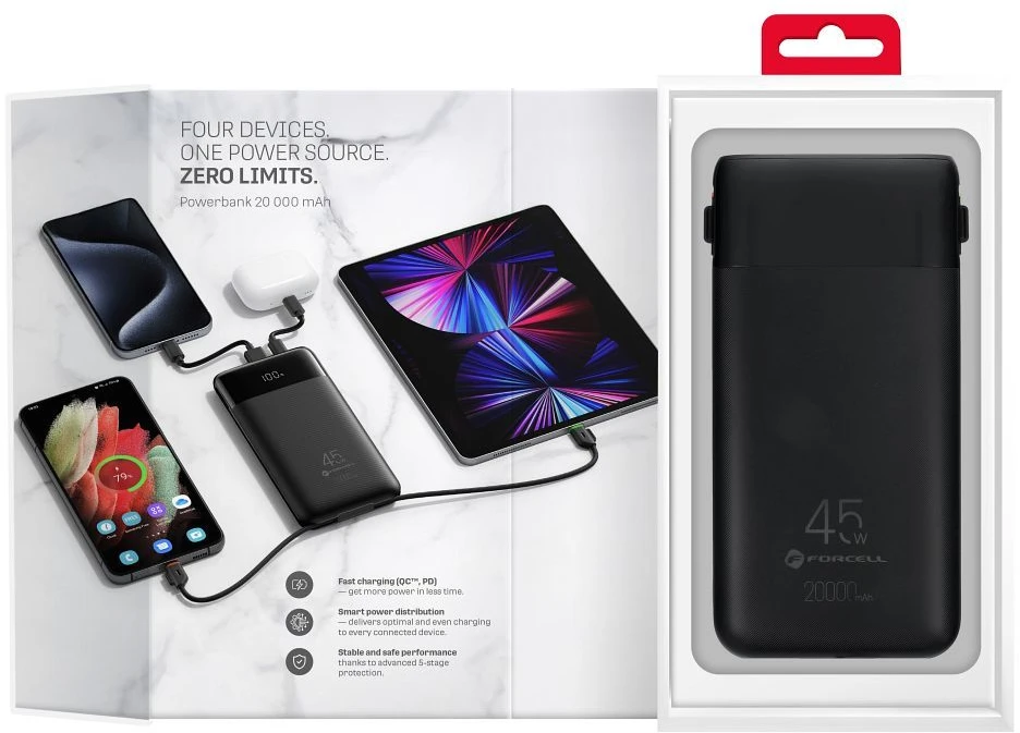 FORCELL F-ENERGY F20K6 Multicharge išorinė baterija su įmontuotais Type C ir Lightning kabeliais PD QC3.0 3A 35W 20000 mAh juoda
