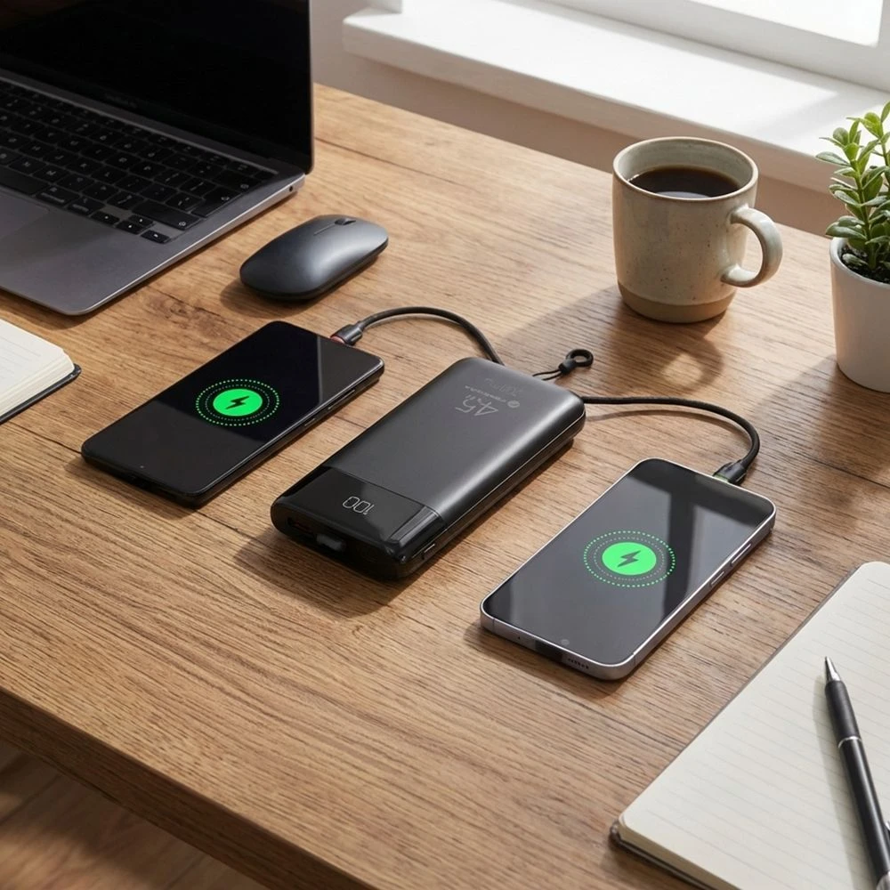 FORCELL F-ENERGY F20K6 Multicharge išorinė baterija su įmontuotais Type C ir Lightning kabeliais PD QC3.0 3A 35W 20000 mAh juoda