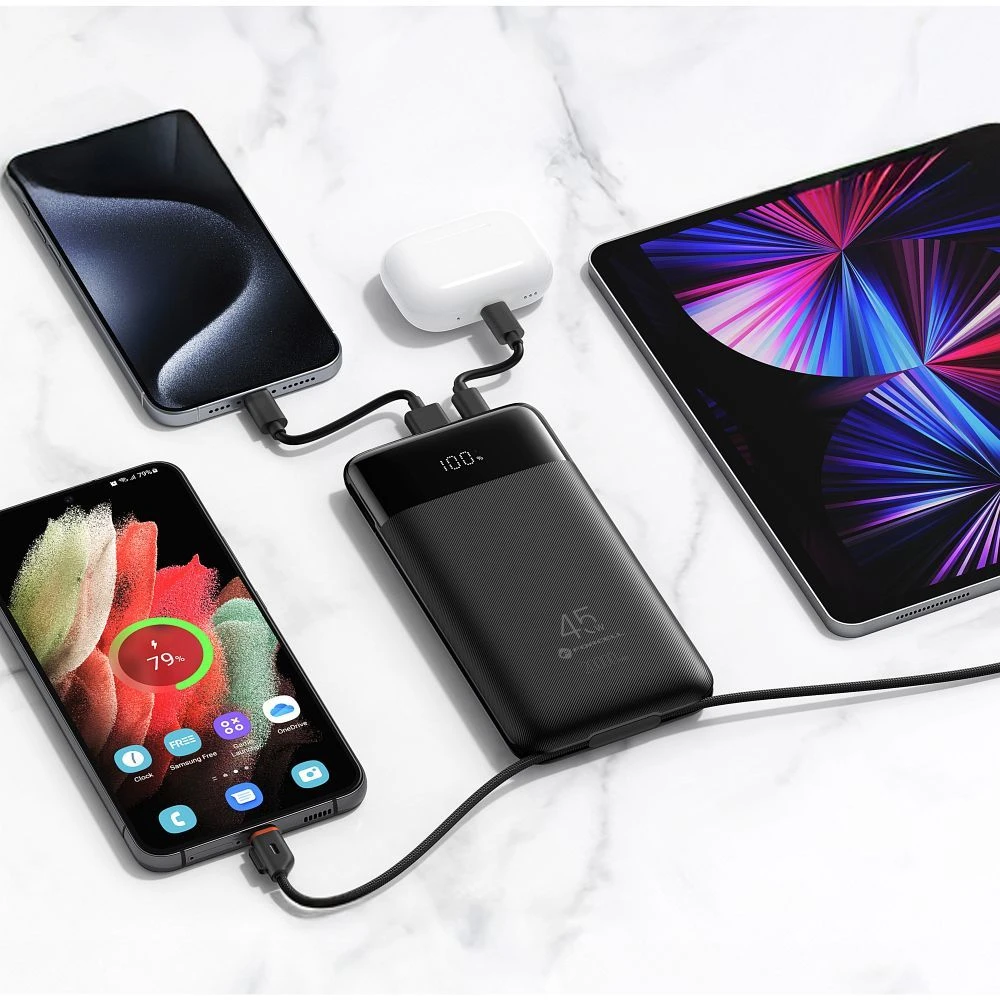 FORCELL F-ENERGY F20K6 Multicharge išorinė baterija su įmontuotais Type C ir Lightning kabeliais PD QC3.0 3A 35W 20000 mAh juoda