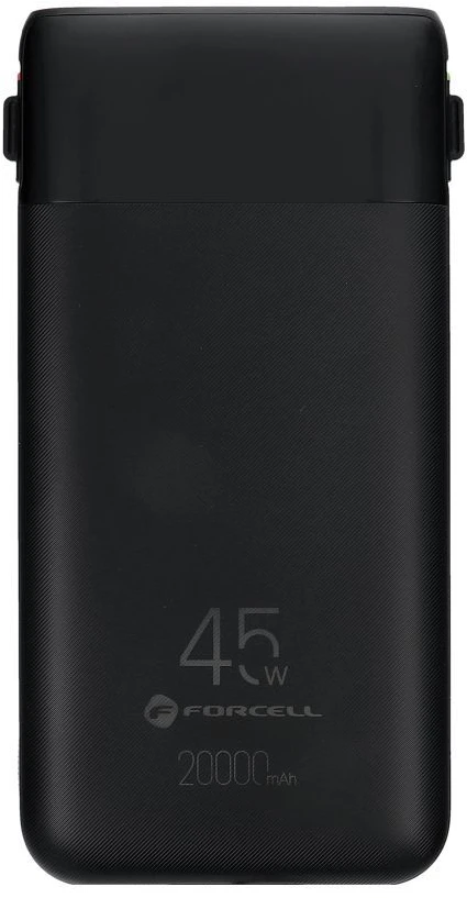 FORCELL F-ENERGY F20K6 Multicharge išorinė baterija su įmontuotais Type C ir Lightning kabeliais PD QC3.0 3A 35W 20000 mAh juoda