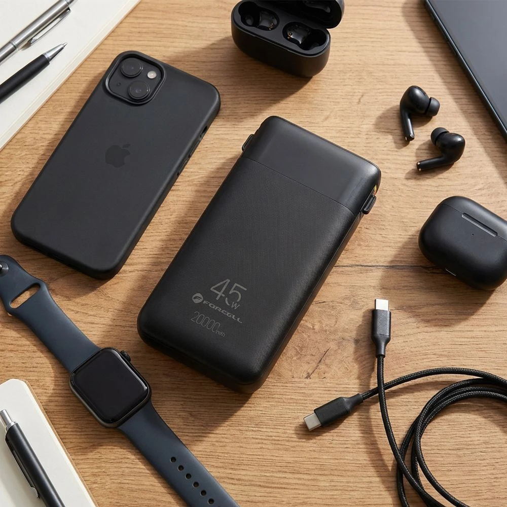 FORCELL F-ENERGY F20K6 Multicharge išorinė baterija su įmontuotais Type C ir Lightning kabeliais PD QC3.0 3A 35W 20000 mAh juoda