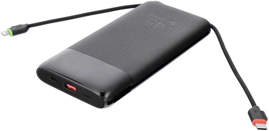 FORCELL F-ENERGY F20K6 Multicharge išorinė baterija su įmontuotais Type C ir Lightning kabeliais PD QC3.0 3A 35W 20000 mAh juoda