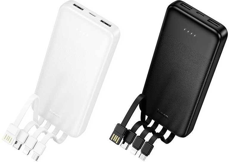 Nešiojamas įkroviklis Hoco 10000 mAh 2A su keturiais įmontuotais kabeliais USB A + USB C + Lightning + Micro USB J163 baltas