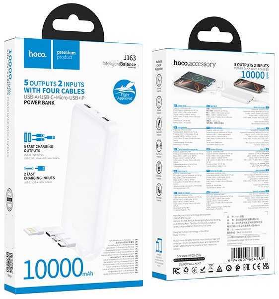 Nešiojamas įkroviklis Hoco 10000 mAh 2A su keturiais įmontuotais kabeliais USB A + USB C + Lightning + Micro USB J163 baltas