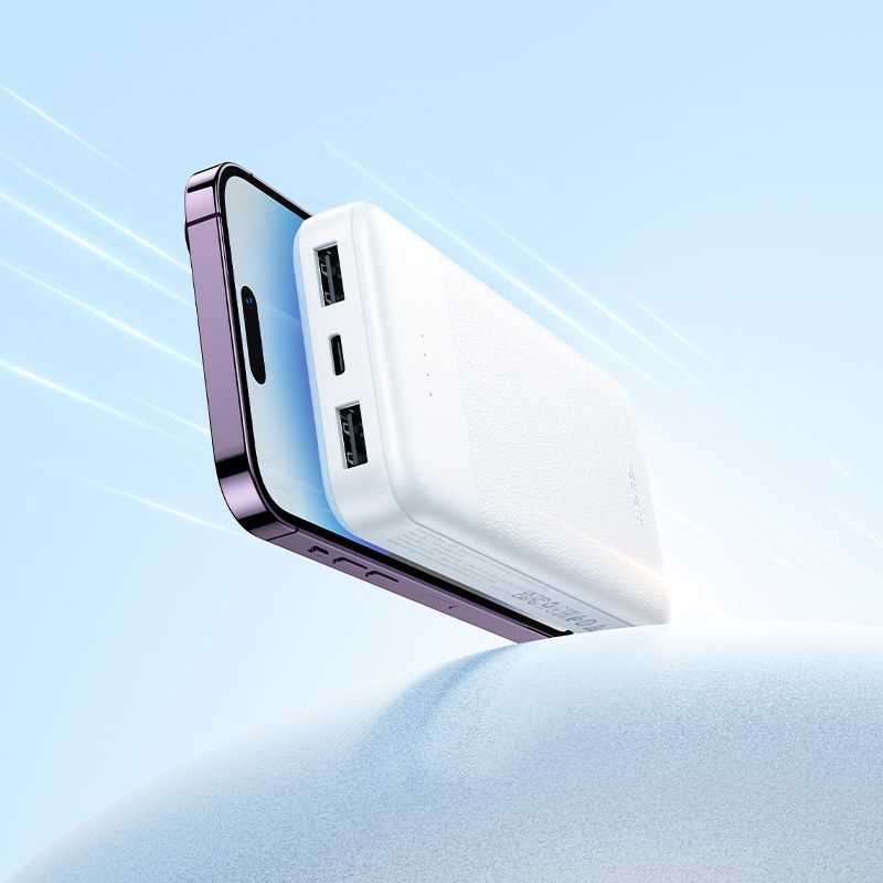 Nešiojamas įkroviklis Hoco 10000 mAh 2A su keturiais įmontuotais kabeliais USB A + USB C + Lightning + Micro USB J163 baltas