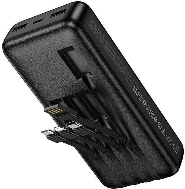 Powerbank Hoco 20000 mAh 2A with four built-in cables USB A + USB C+ Lightning + Micro USB J163A juodas