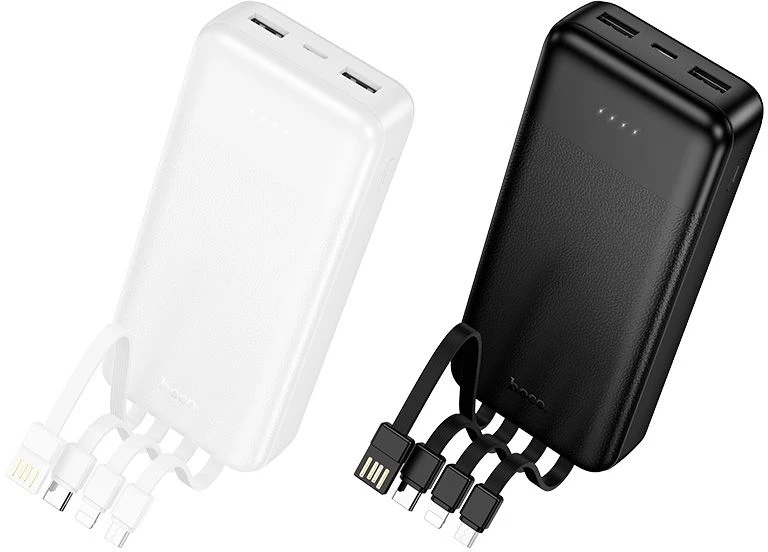 Powerbank Hoco 20000 mAh 2A with four built-in cables USB A + USB C+ Lightning + Micro USB J163A baltas