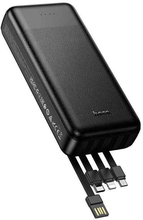 Powerbank Hoco 20000 mAh 2A with four built-in cables USB A + USB C+ Lightning + Micro USB J163A juodas