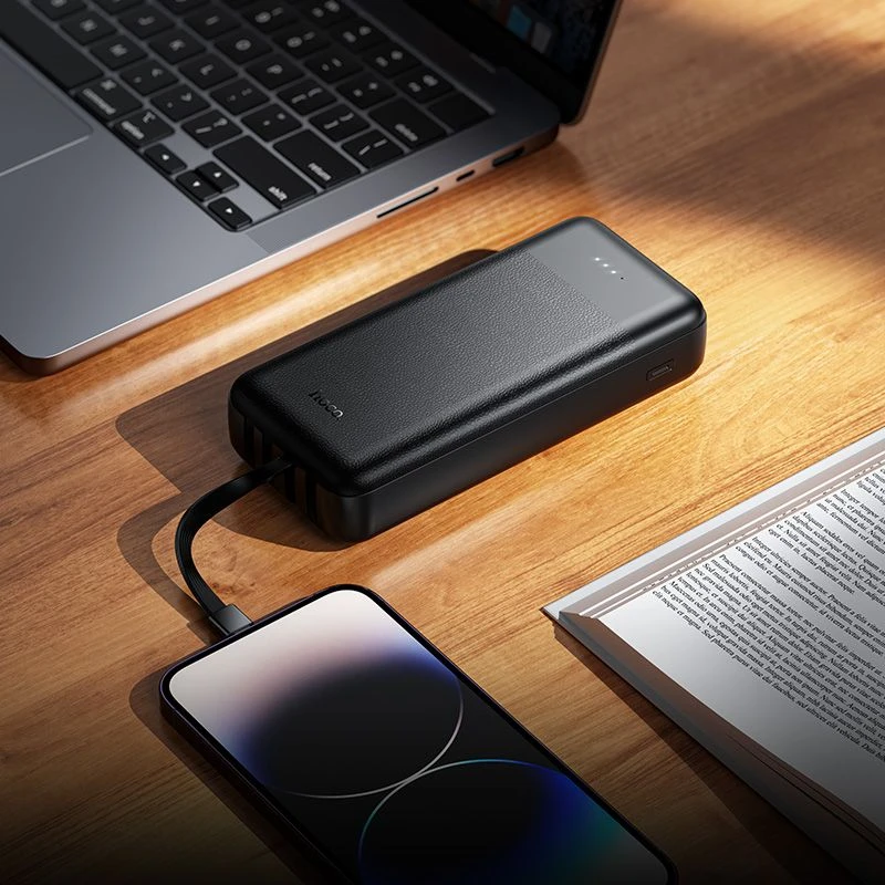 Powerbank Hoco 20000 mAh 2A with four built-in cables USB A + USB C+ Lightning + Micro USB J163A juodas