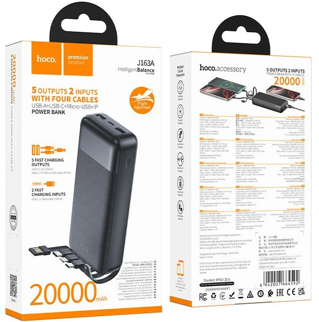 Powerbank Hoco 20000 mAh 2A with four built-in cables USB A + USB C+ Lightning + Micro USB J163A juodas