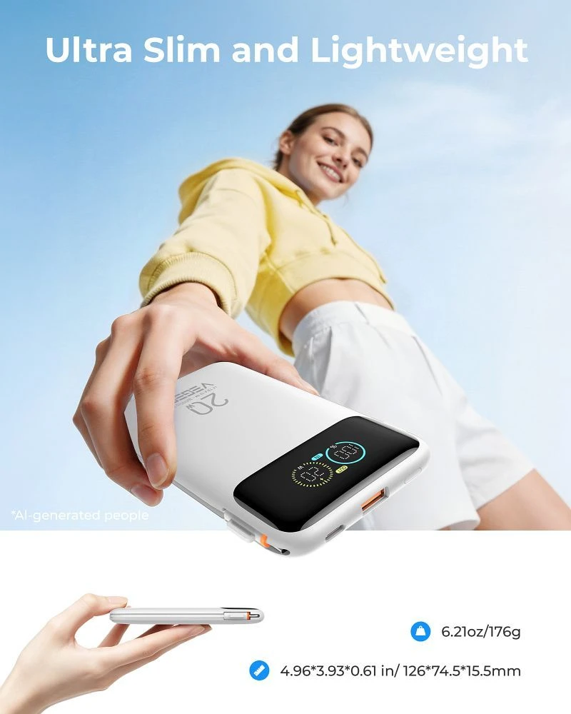 Nešiojamas akumuliatorius Veger Fuerza 10 (W1212B) PD 20W 10000 mAh su įmontuotais kabeliais USB C / Lightning baltas
