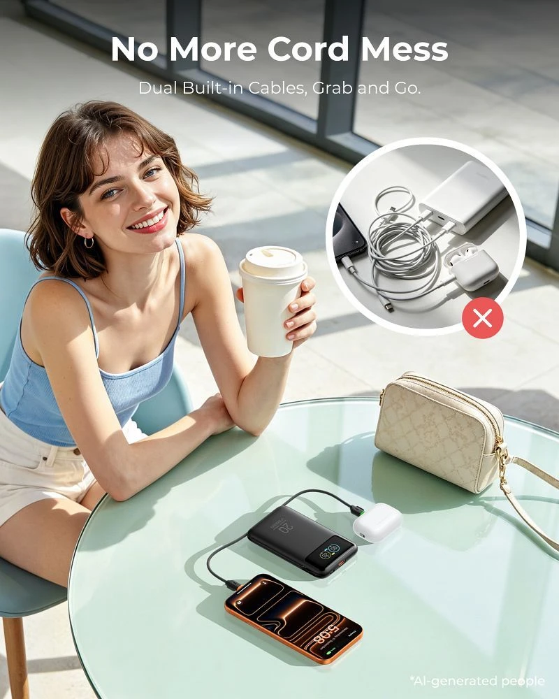 Powerbank Veger Fuerza 10 (W1212B) PD 20W 10000 mAh with built-in cables USB C / Lightning juodas