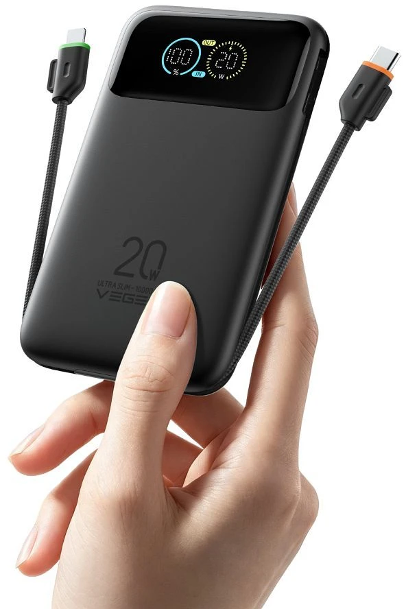 Powerbank Veger Fuerza 10 (W1212B) PD 20W 10000 mAh with built-in cables USB C / Lightning juodas