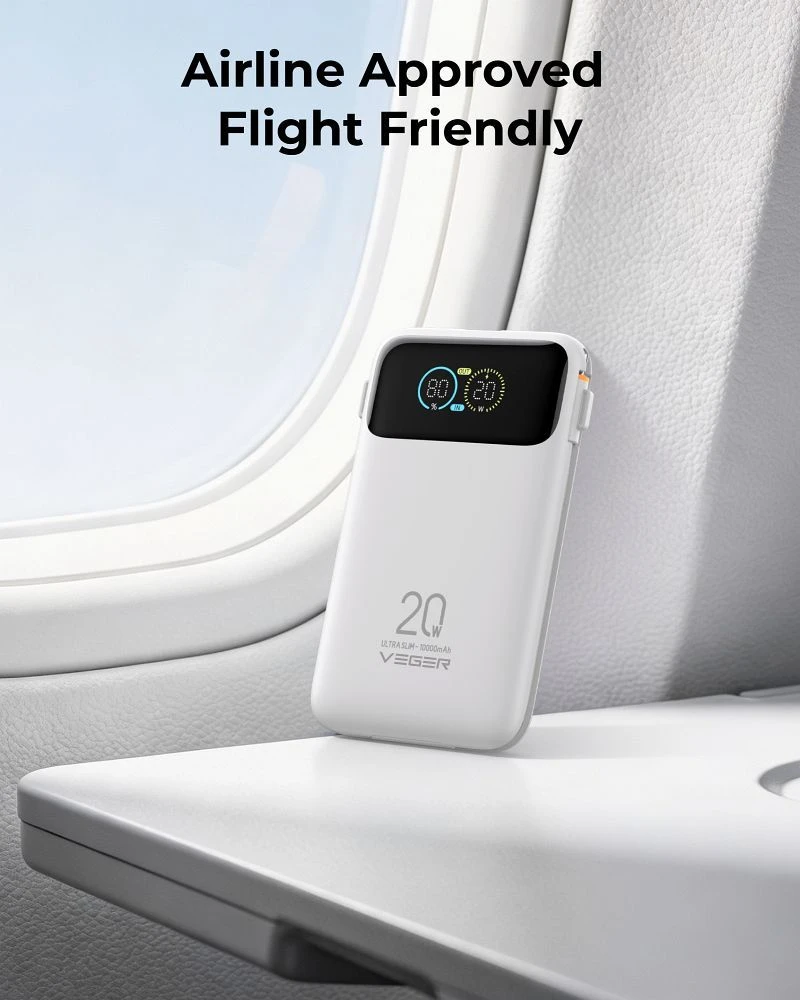 Nešiojamas akumuliatorius Veger Fuerza 10 (W1212B) PD 20W 10000 mAh su įmontuotais kabeliais USB C / Lightning baltas