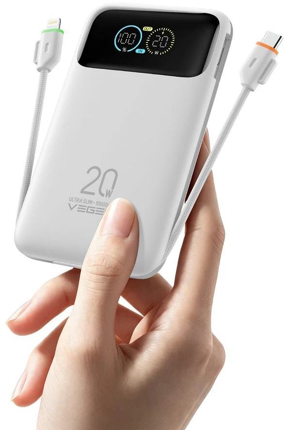 Nešiojamas akumuliatorius Veger Fuerza 10 (W1212B) PD 20W 10000 mAh su įmontuotais kabeliais USB C / Lightning baltas