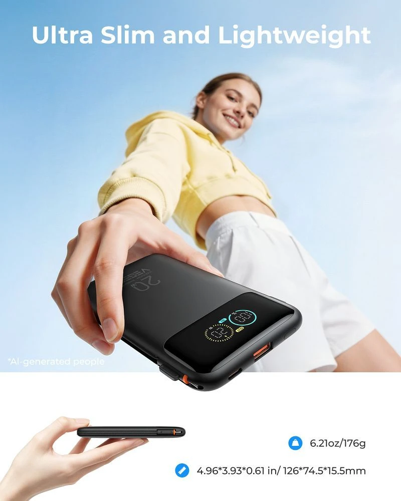 Powerbank Veger Fuerza 10 (W1212B) PD 20W 10000 mAh with built-in cables USB C / Lightning juodas
