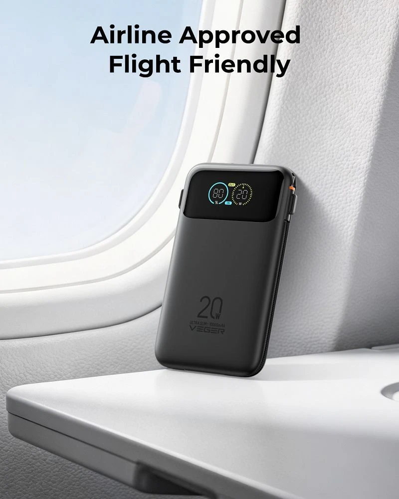 Powerbank Veger Fuerza 10 (W1212B) PD 20W 10000 mAh with built-in cables USB C / Lightning juodas
