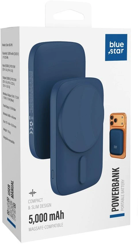 BlueStar Powerbank compatible with MagSafe Blue Star Slim DG-P8 15W 5000 mAh navy mėlynas