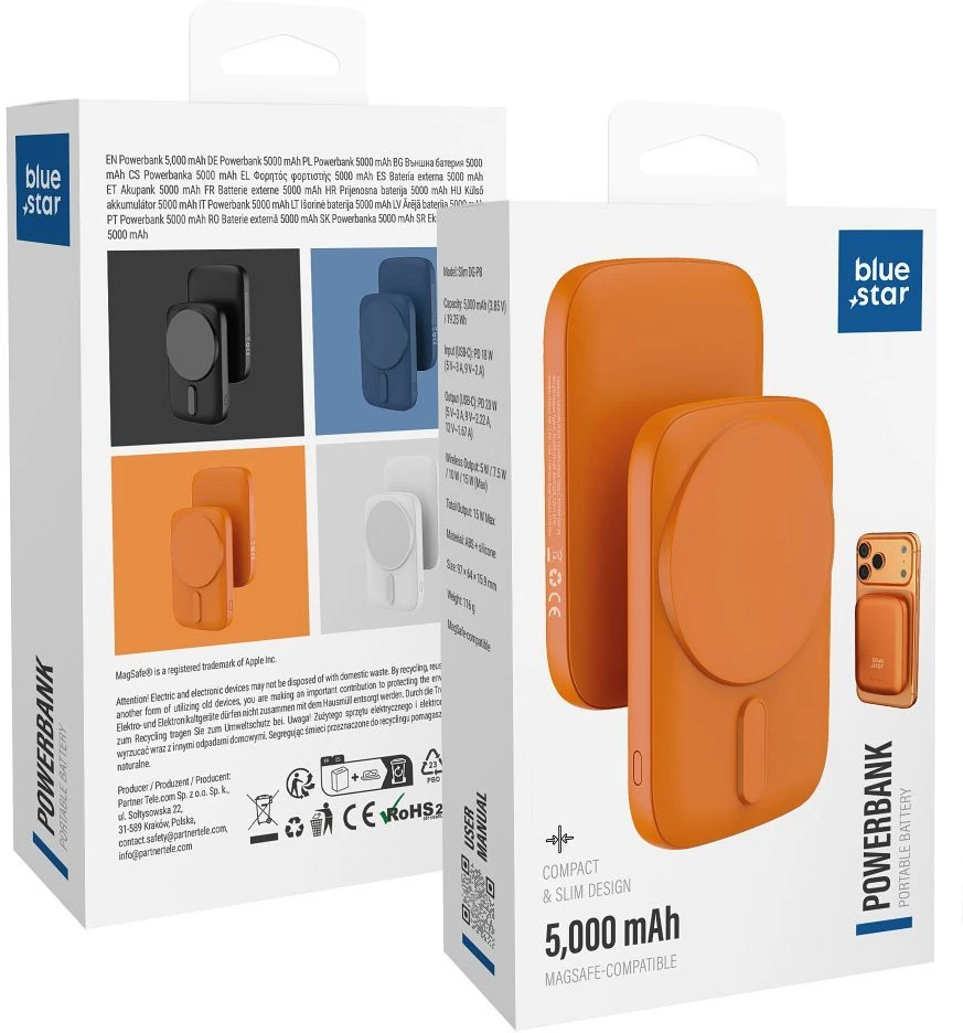 BlueStar Powerbank compatible with MagSafe Blue Star Slim DG-P8 15W 5000 mAh oranžinis