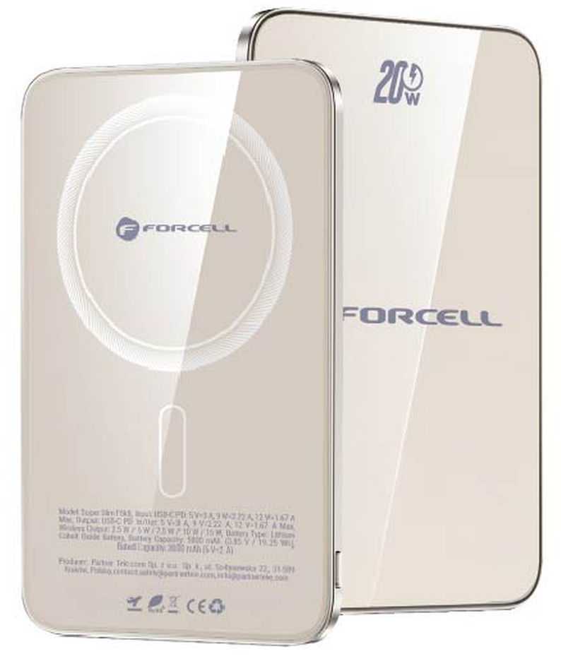 Powerbank compatible with MagSafe Forcell F-Energy SuperSlim F5K8 QC4.0 PD3.0 15W 5000 mAh titanium desert