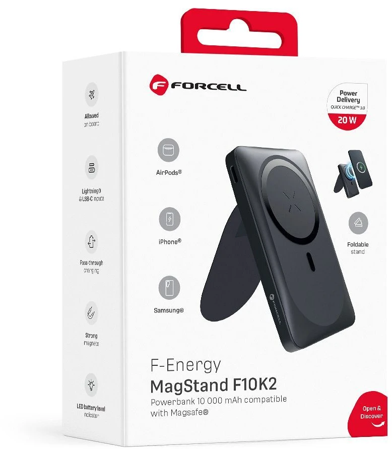 Išorinė baterija POWER BANK Forcell F-ENERGY (F10K2) 10000mAh su belaidžiu įkrovikliu (Magsafe 20W) juoda