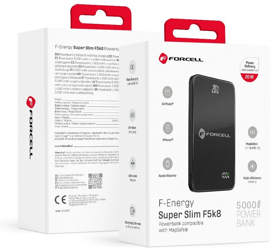 Powerbank compatible with MagSafe Forcell F-Energy SuperSlim F5K8 QC4.0 PD3.0 15W 5000 mAh juodas