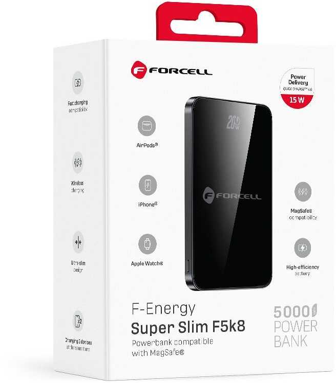 Powerbank compatible with MagSafe Forcell F-Energy SuperSlim F5K8 QC4.0 PD3.0 15W 5000 mAh juodas