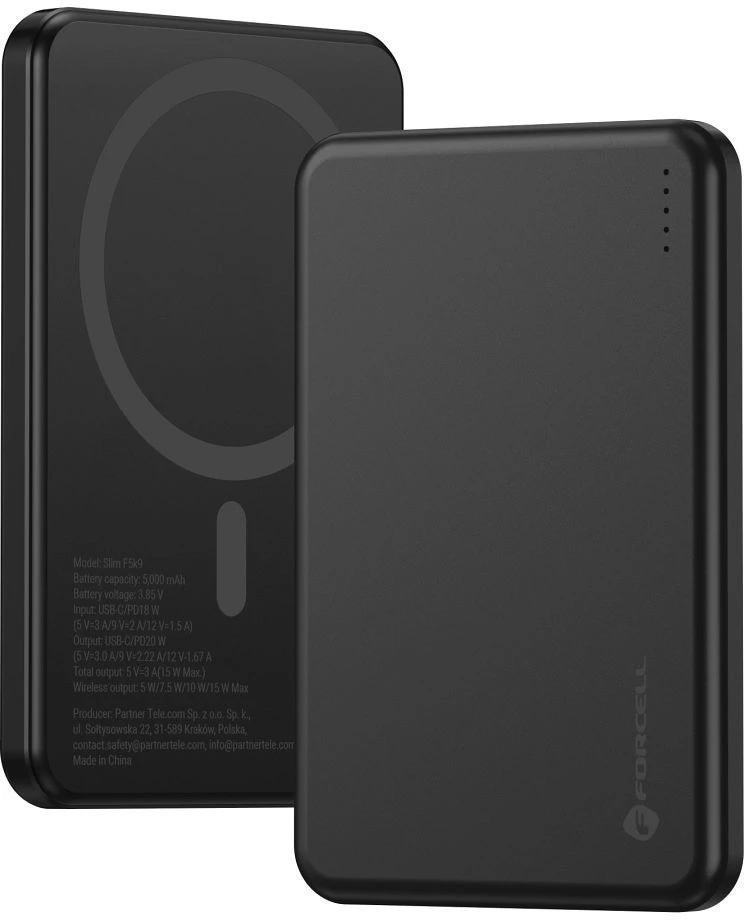 Powerbank compatible with MagSafe Forcell F-Energy Slim F5K9 QC4.0 PD3.0 15W 5000 mAh juodas