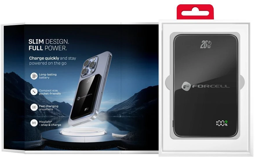 Powerbank compatible with MagSafe Forcell F-Energy SuperSlim F5K8 QC4.0 PD3.0 15W 5000 mAh juodas