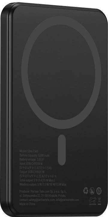 Powerbank compatible with MagSafe Forcell F-Energy Slim F5K9 QC4.0 PD3.0 15W 5000 mAh juodas