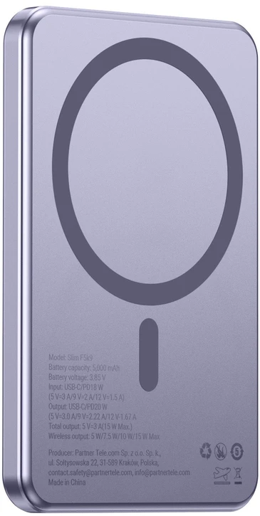 Powerbank compatible with MagSafe Forcell F-Energy Slim F5K9 QC4.0 PD3.0 15W 5000 mAh violetinė