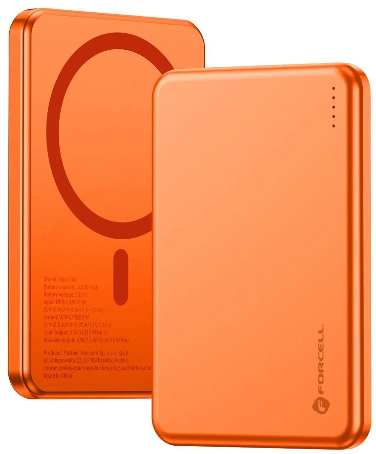Powerbank compatible with MagSafe Forcell F-Energy Slim F5K9 QC4.0 PD3.0 15W 5000 mAh oranžinis