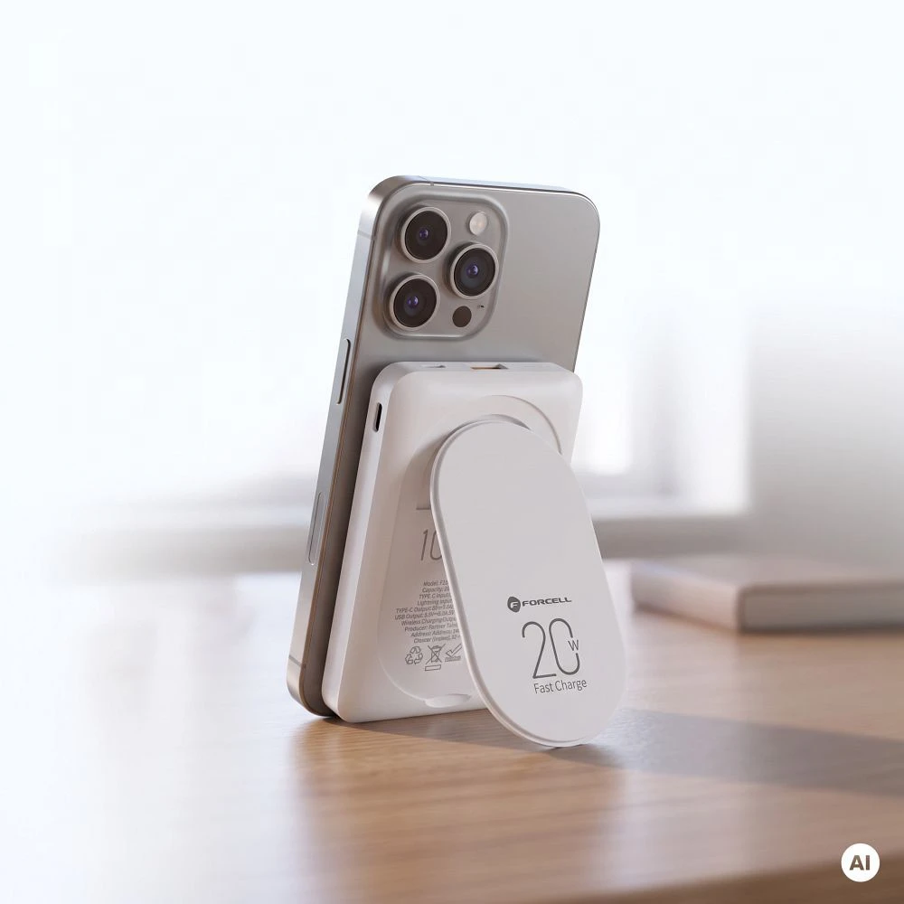 Nešiojamoji baterija, suderinama su „MagSafe Forcell F-Energy MagStand F10K2 QC3.0 PD 5A 20W 10000 mAh baltas“