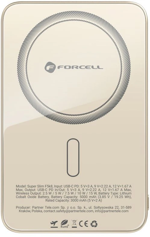 Powerbank compatible with MagSafe Forcell F-Energy SuperSlim F5K8 QC4.0 PD3.0 15W 5000 mAh titanium desert