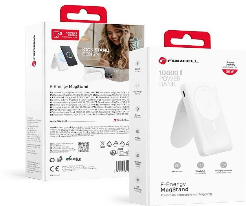 Nešiojamoji baterija, suderinama su „MagSafe Forcell F-Energy MagStand F10K2 QC3.0 PD 5A 20W 10000 mAh baltas“